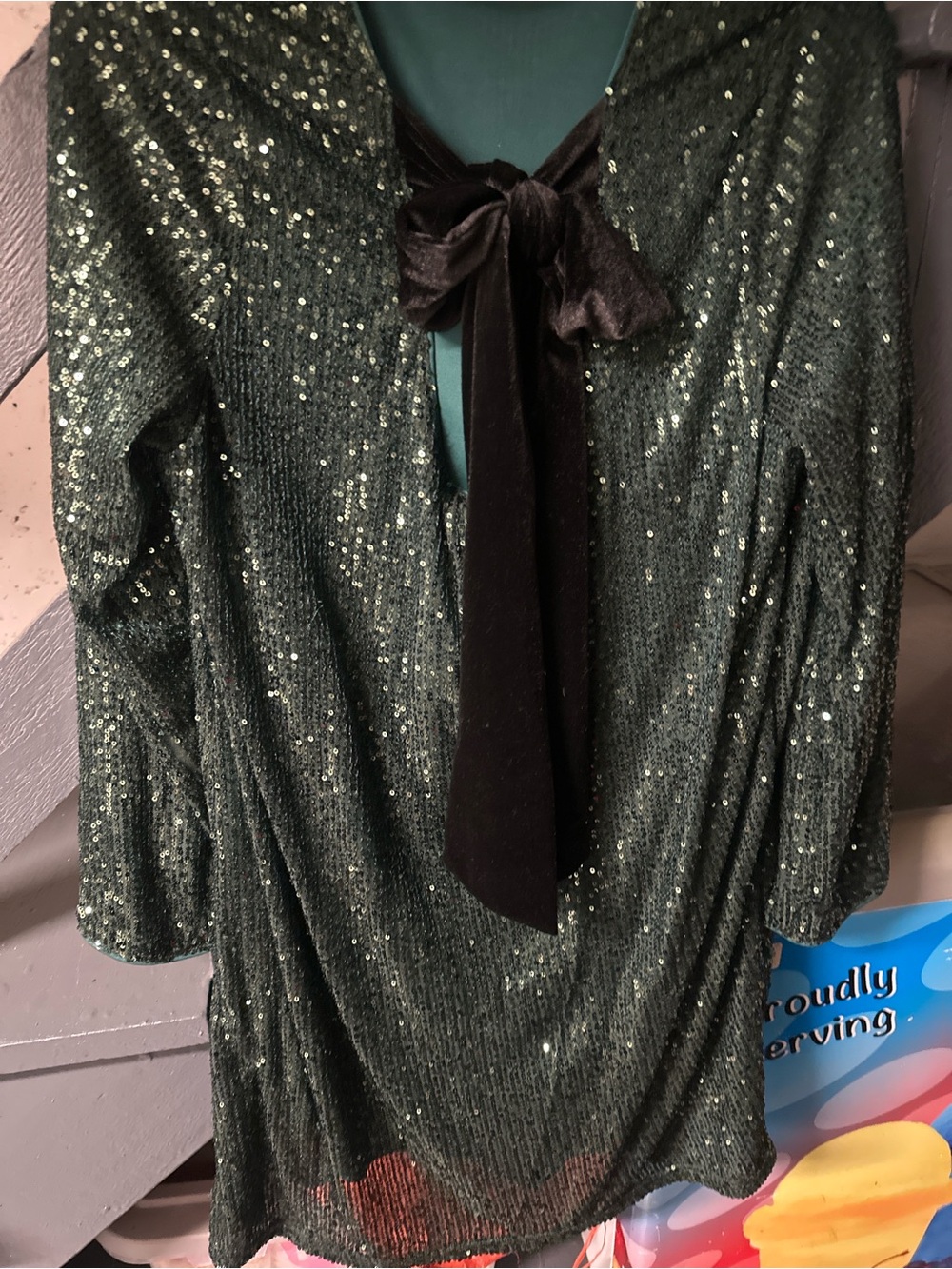 & Other Stories Emerald Green Sequin Dress with Velvet Bow